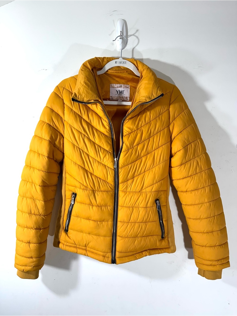YMI women’s Mustard Puffer Jacket Zip Out gray Hoodie NWOT - Picture 4 of 12